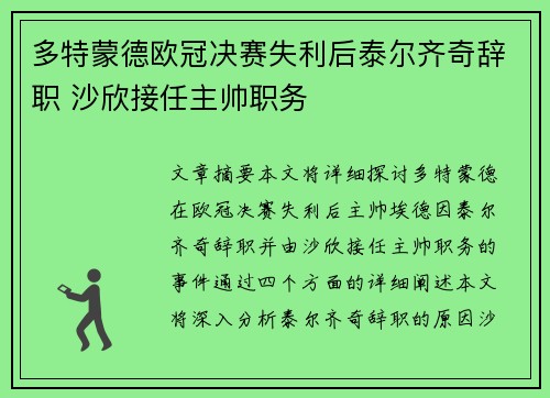 多特蒙德欧冠决赛失利后泰尔齐奇辞职 沙欣接任主帅职务
